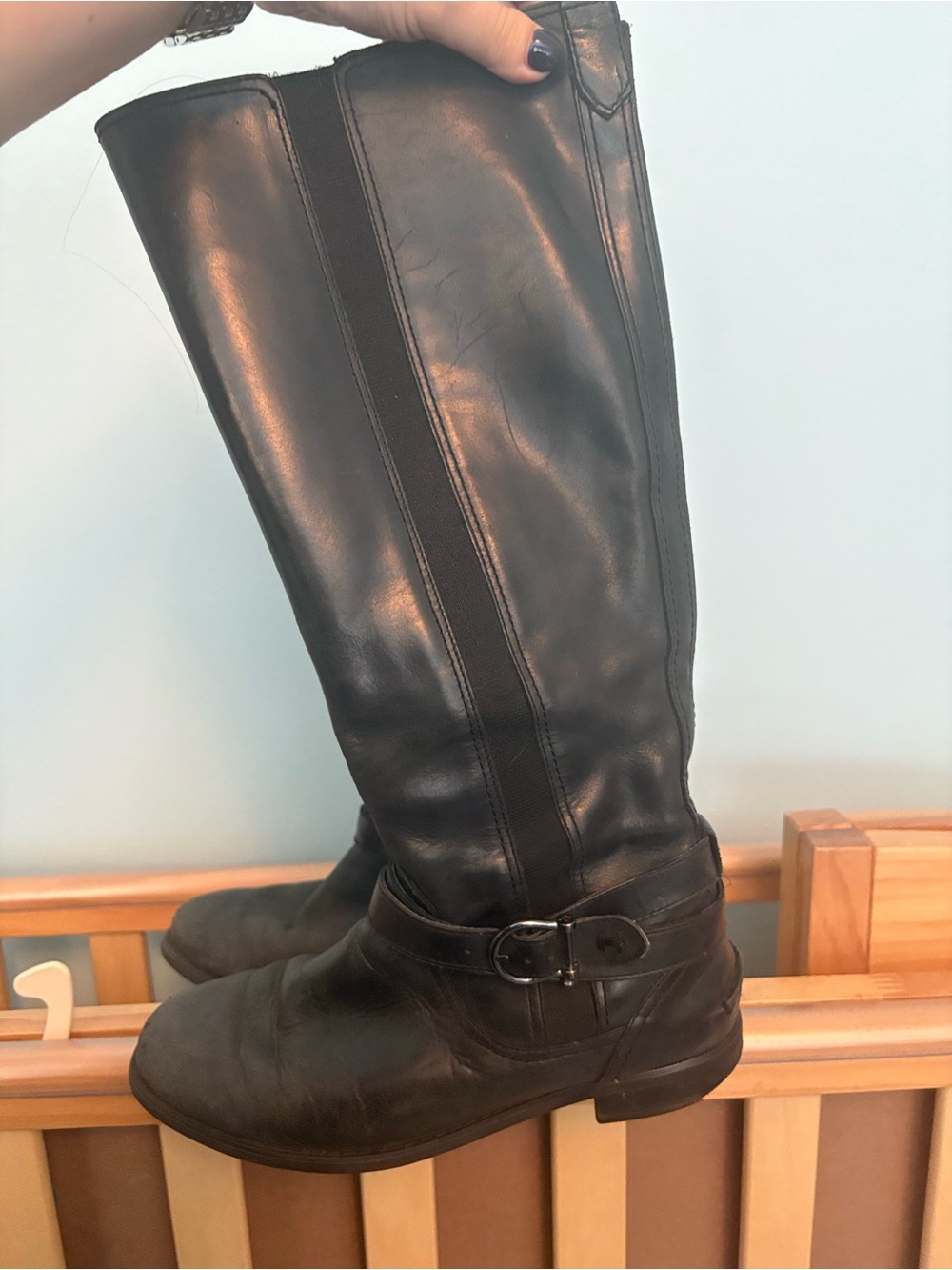Sperry Black Leather Knee-High Riding Boots with Buckle Detail